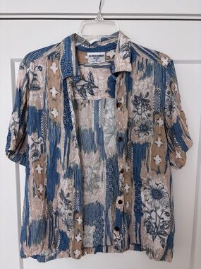 Alfred Dunner Blue & Tan Floral-Patch Button Front Blouse